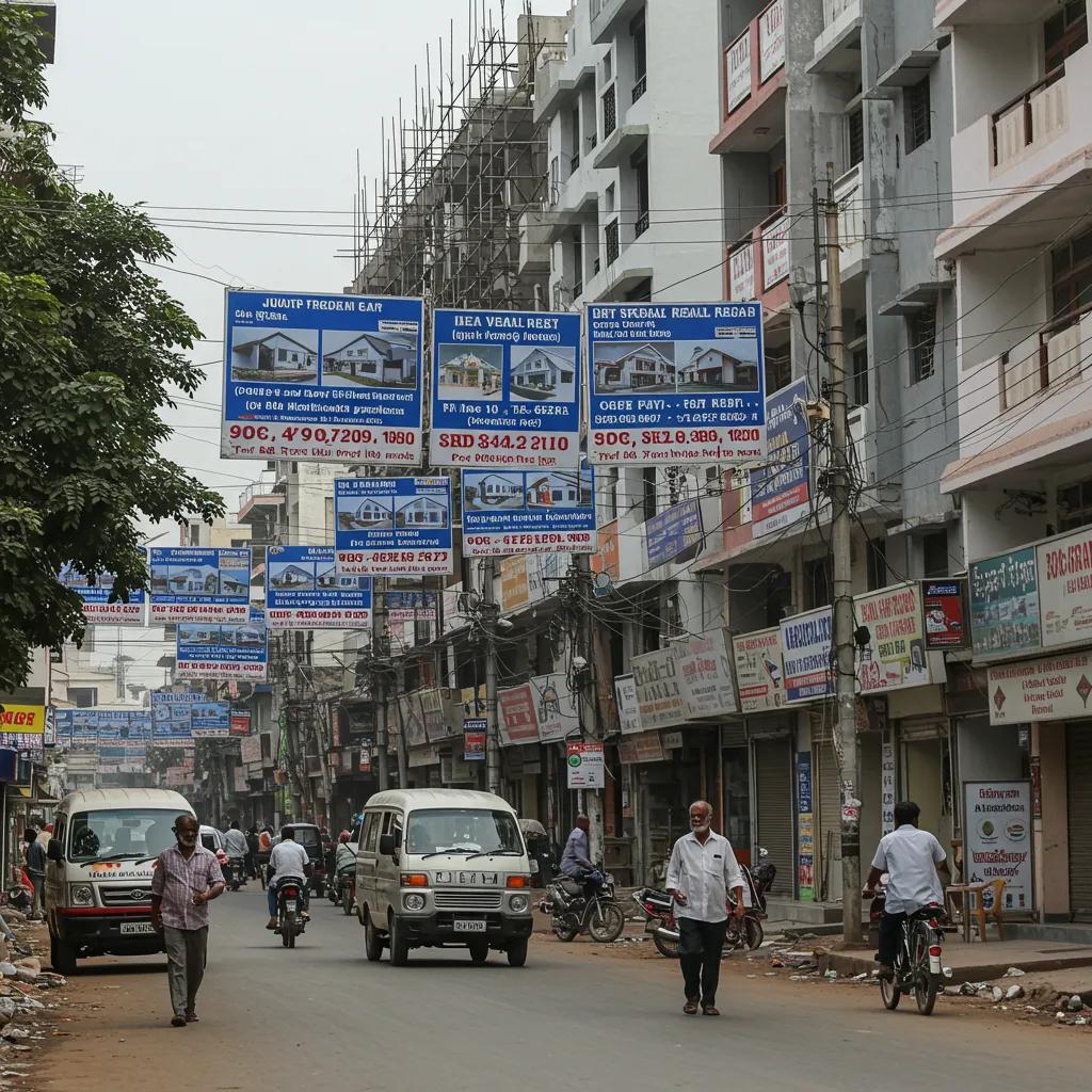Busy Hyderabad street with real estate signs and construction, illustrating the growth in plot prices