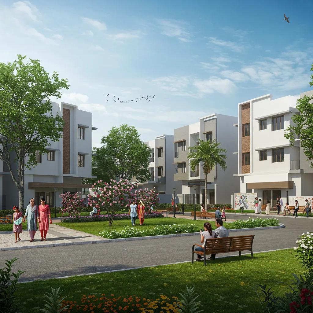Developing neighborhood in Hyderabad with affordable housing and community amenities, highlighting investment hotspots