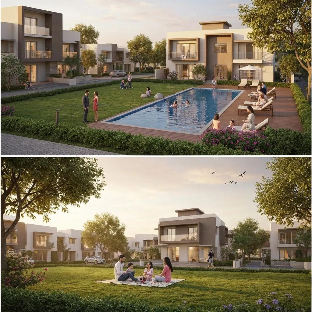 Residential area in Jalpally with modern homes and green spaces, representing ideal living conditions