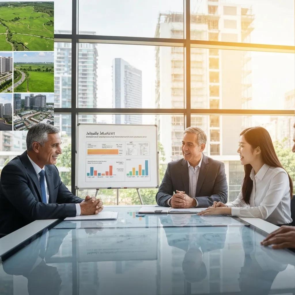 A group of individuals actively discussing real estate investment prospects in Jalpally, with property plots and development plans visible