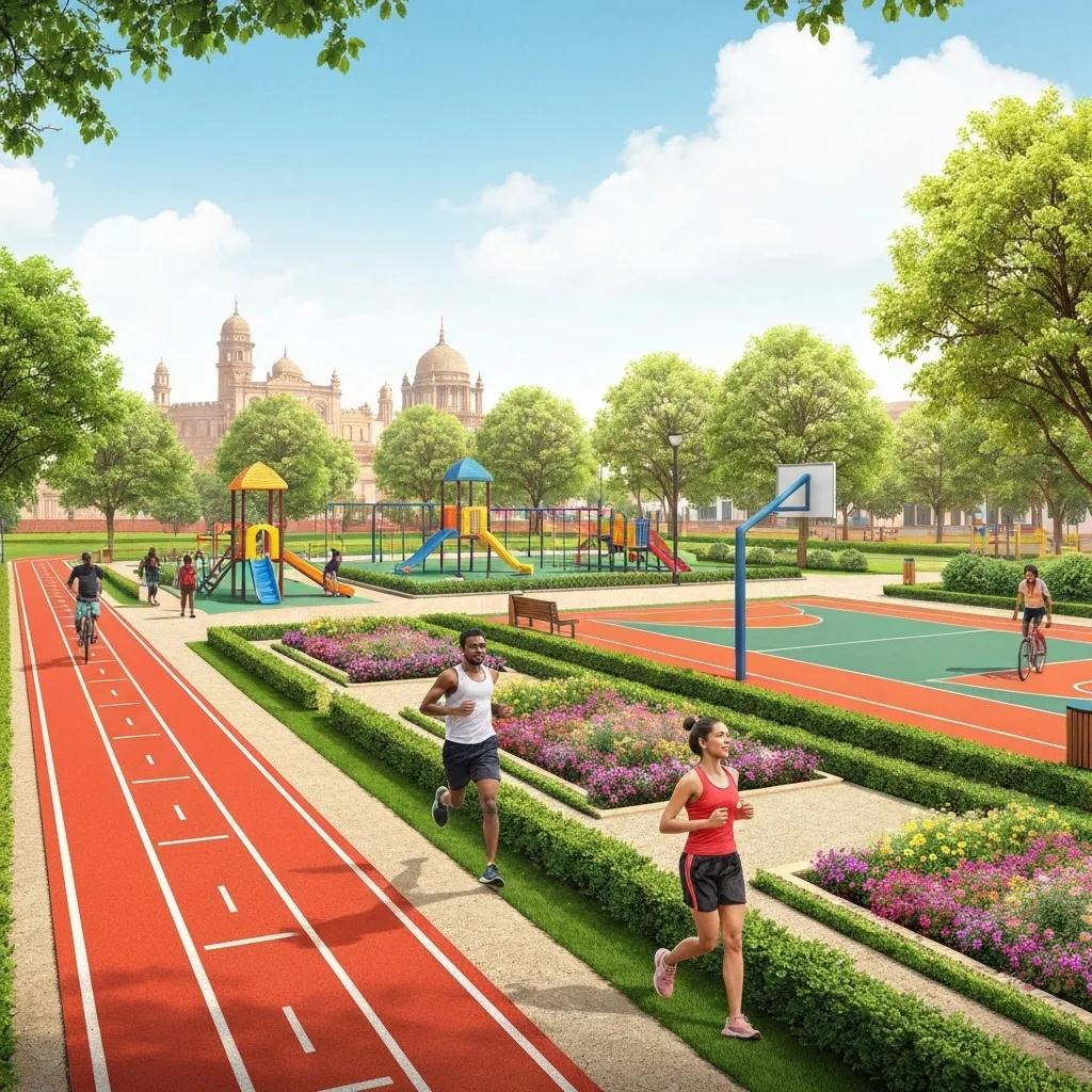 A community park in Jalpally featuring recreational amenities, with families actively enjoying outdoor activities